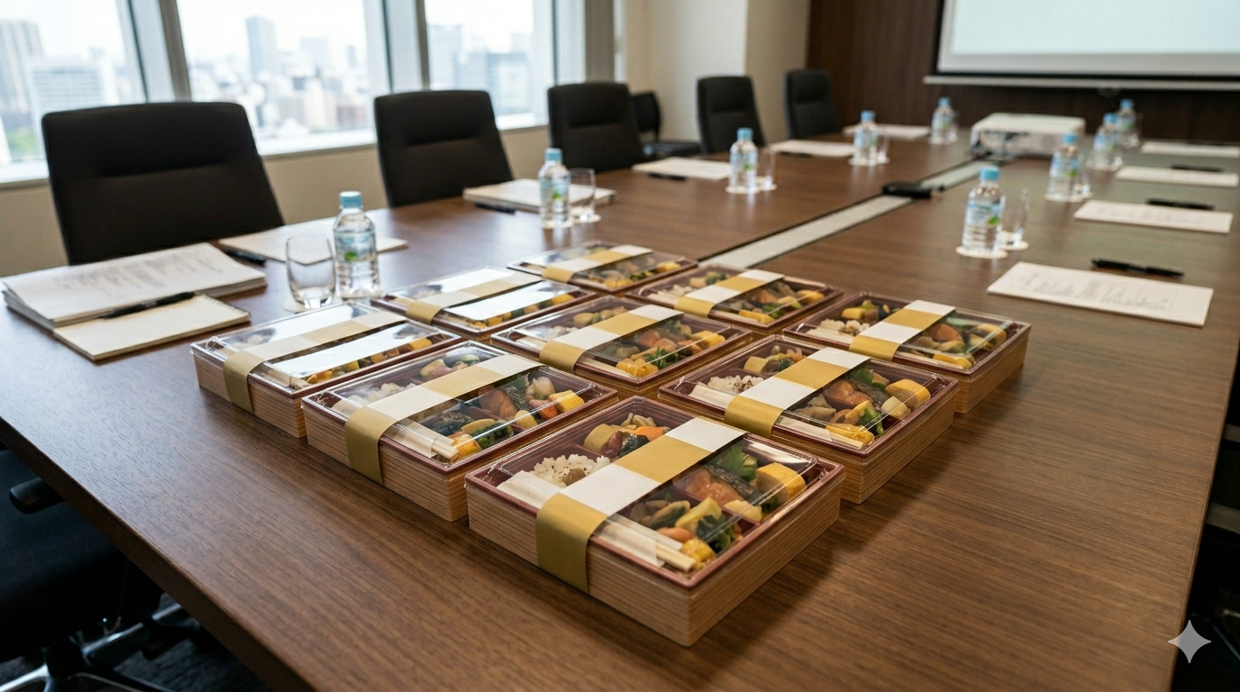 松前町の会議会場へ納品する個別弁当の受け渡し例